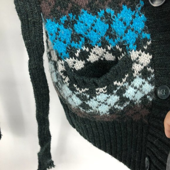Peak Performance Blue Grey Multicolor Argyle Sweater Cardigan waist tie size M - Picture 12 of 16